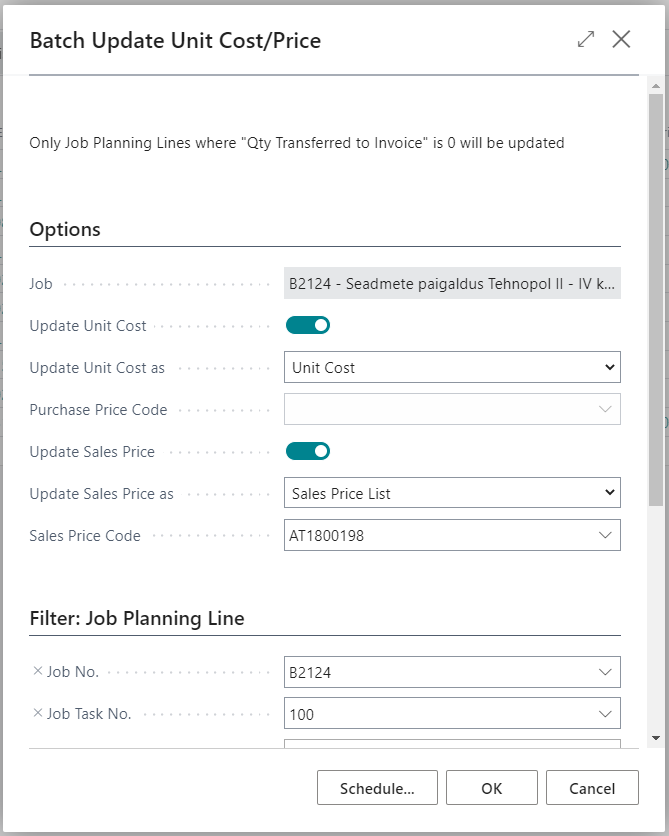 Batch updating unit cost and unit price on job planning lines based on relevant cards or pricelists